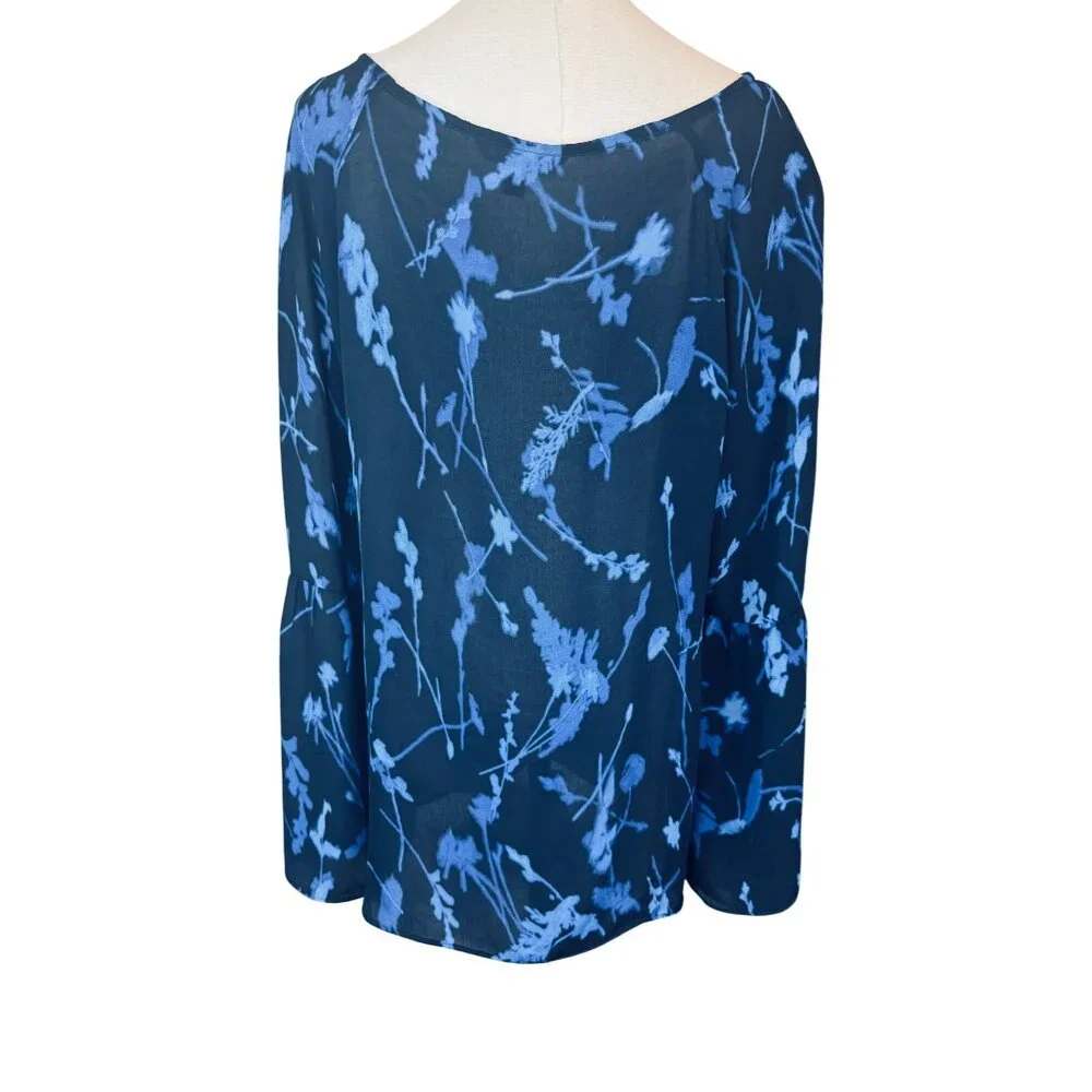 Banana Republic Large Flowy Blue Floral Print Long Bell Sleeve Blouse